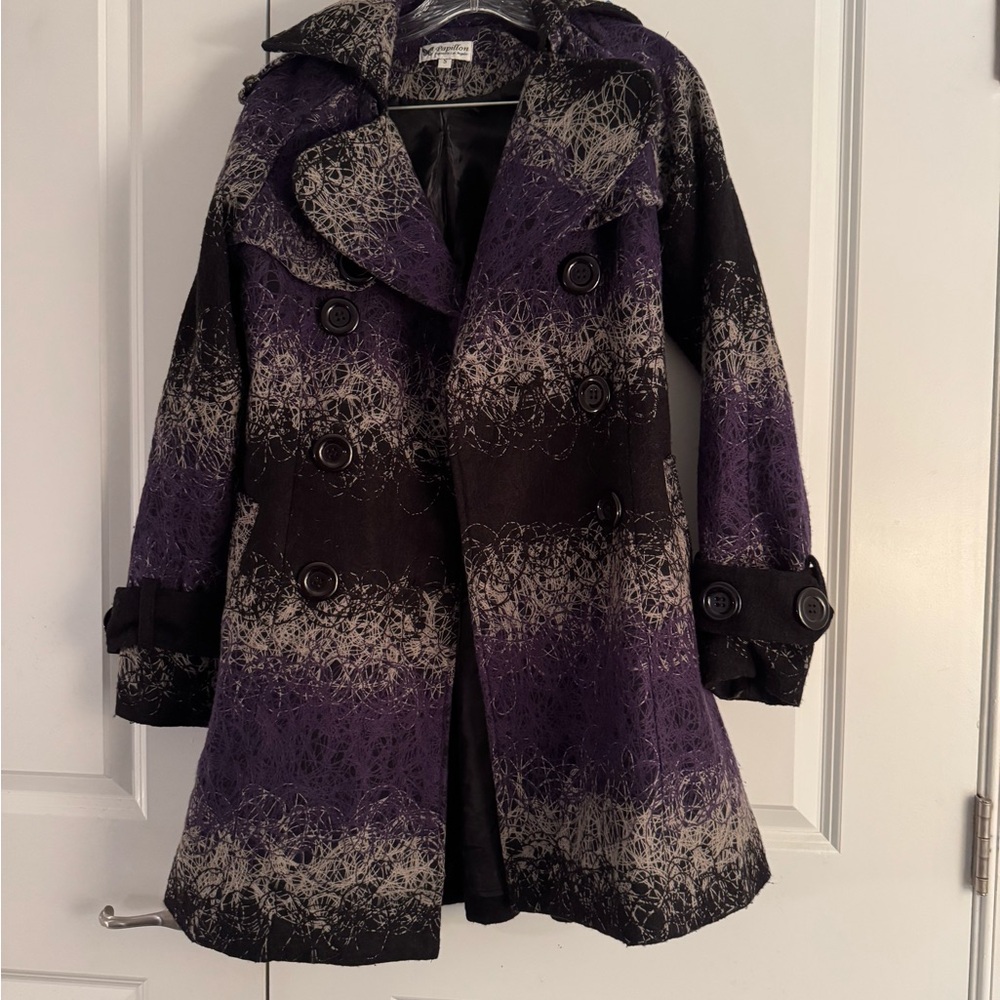 Women’s Papillon Blanc Purple and Black Pea Coat (no belt) size small